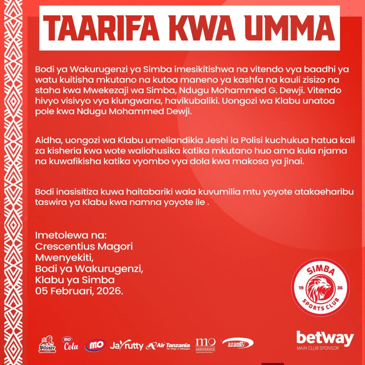Simba SC Yachukua Hatua Kwa Kauli Za Kashfa Dhidi Ya Mo Dewji